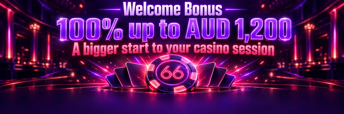 Purple and pink Tab66 welcome bonus banner with glowing 66 casino chips and cards