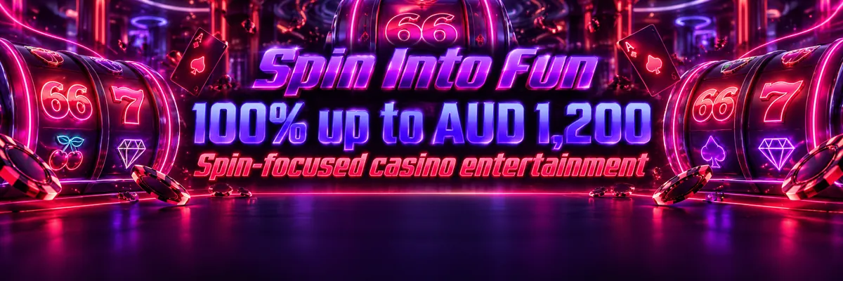 Purple and pink Tab66 spin banner with luminous reels and glowing casino tokens